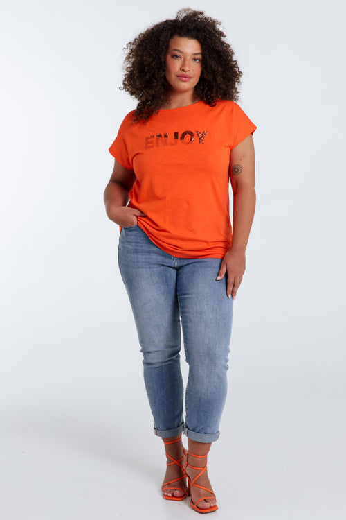 T-shirt uni avec broderie Enjoy et sequins-Paprika-8