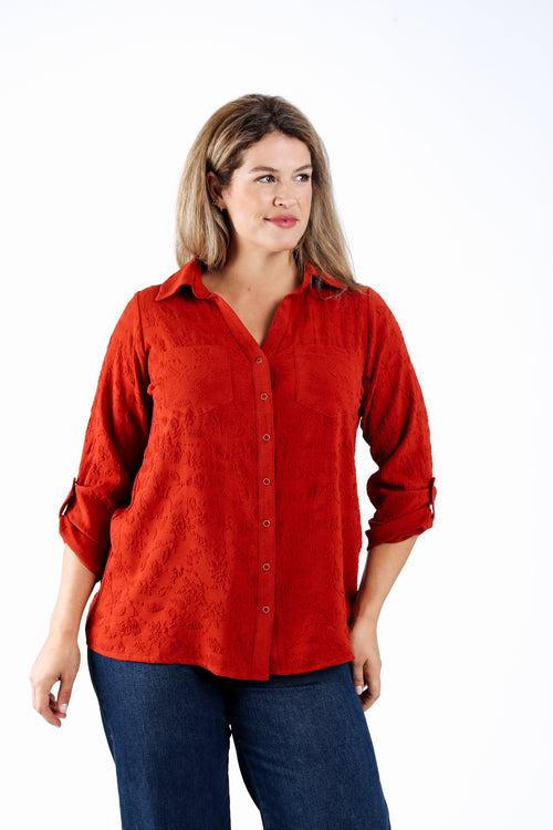 Chemise unie avec motif fleurs en relief-Paprika-1