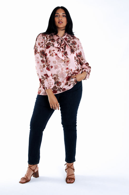 Chemise en viscose avec lavalière imprimé fleurs-Paprika-6