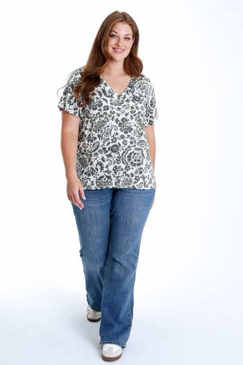 T-shirt en maille froide imprimé floral bicolore-Paprika-7