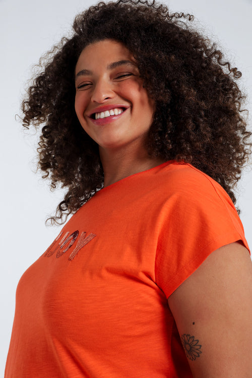 T-shirt uni avec broderie Enjoy et sequins-Paprika-6