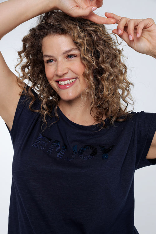 T-shirt uni avec broderie Enjoy et sequins-Paprika-6