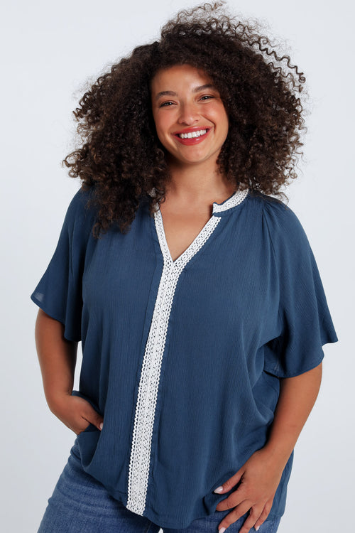 Blouse en viscose unie et macramé-Paprika-1