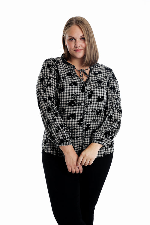 Blouse en coton imprimé vichy et fleurs flockées-Paprika-1