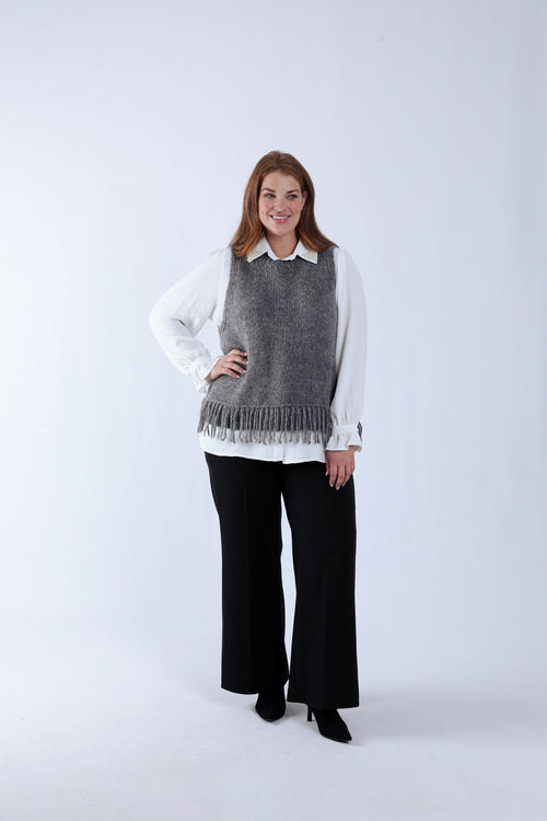 Pull sans manches uni à franges-Paprika-7