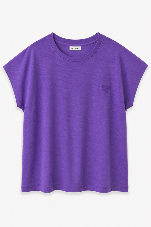 T-shirt en coton uni texturé + coeur brodé-Paprika-1