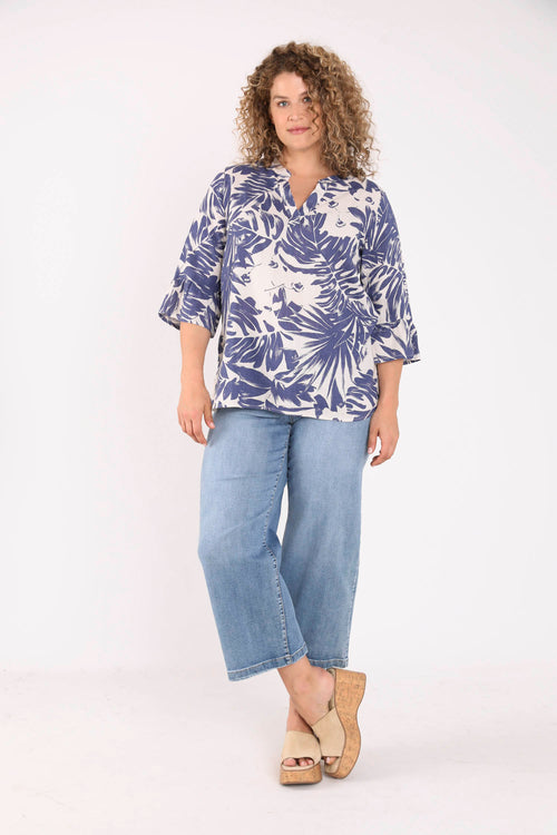 Blouse en lin et viscose imprimé feuille bicolore-Paprika-8