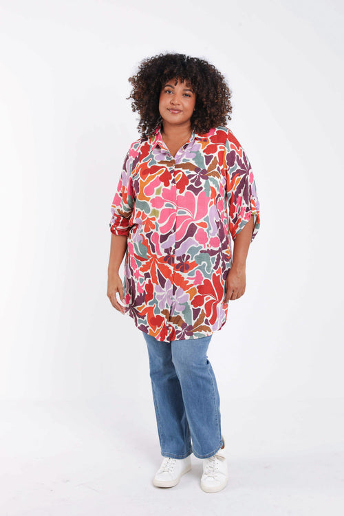 Chemise longue en viscose imprimé floral-Paprika-7