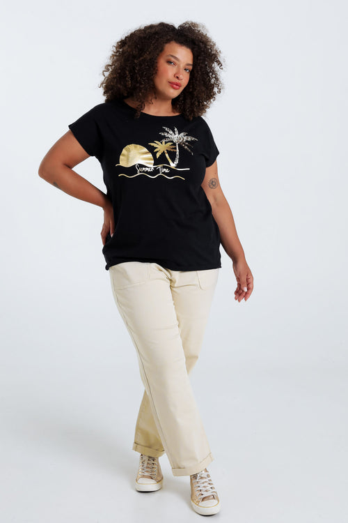T-shirt en coton imprimé foil palmiers et sequins-Paprika-9