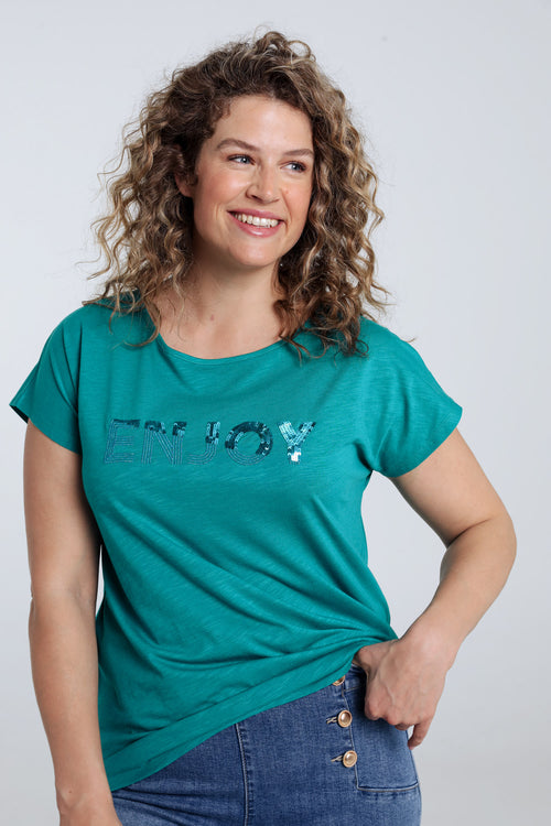 T-shirt uni avec broderie Enjoy et sequins-Paprika-1