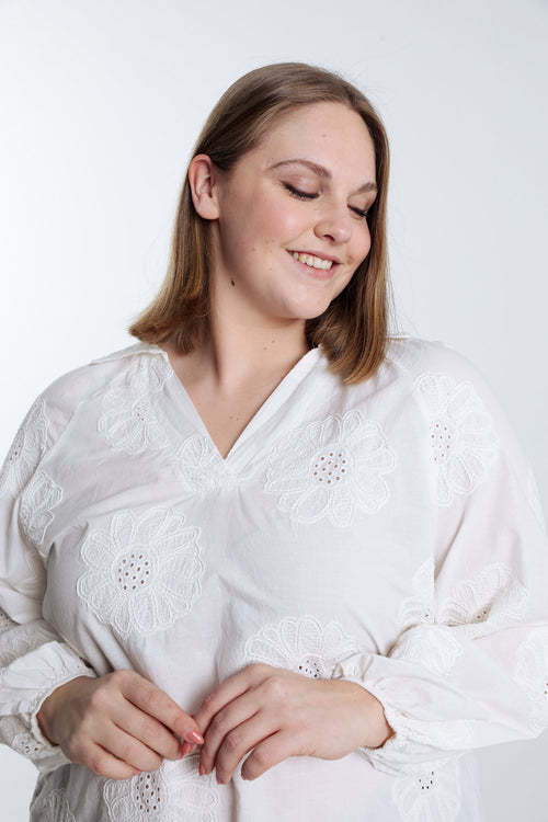 Blouse en coton unie avec fleurs brodées-Paprika-3