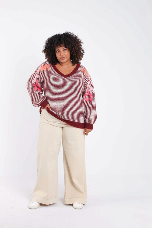 Pull rayé avec broderies-Paprika-7