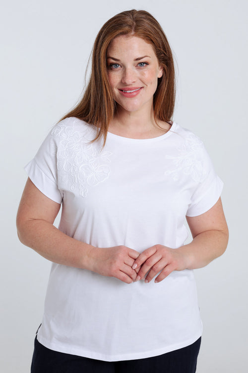 T-shirt en coton uni avec fleurs brodées-Paprika-1