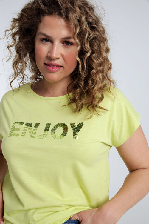 T-shirt uni avec broderie Enjoy et sequins-Paprika-6