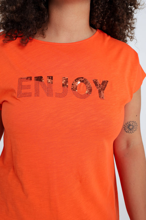 T-shirt uni avec broderie Enjoy et sequins-Paprika-3