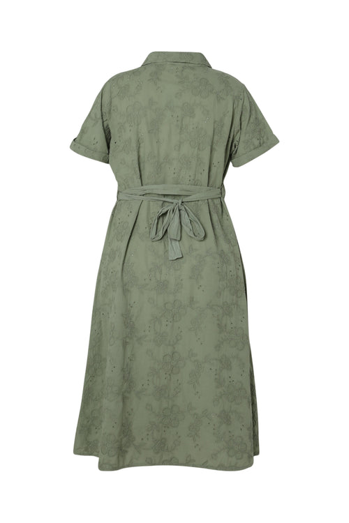 Longue robe chemise en coton unie et brodée-Paprika-11