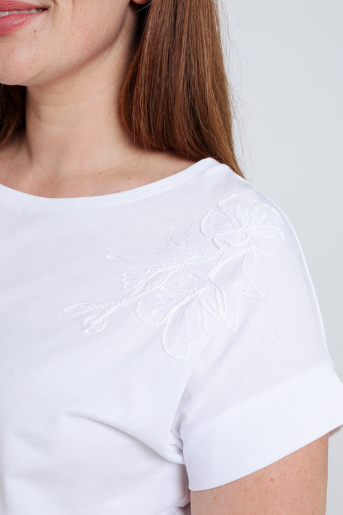 T-shirt en coton uni avec fleurs brodées-Paprika-4