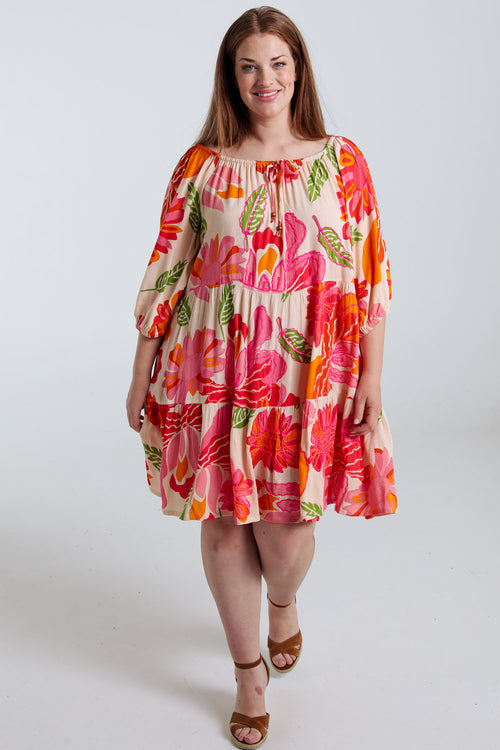 Robe courte en viscose imprimé floral-Paprika-7