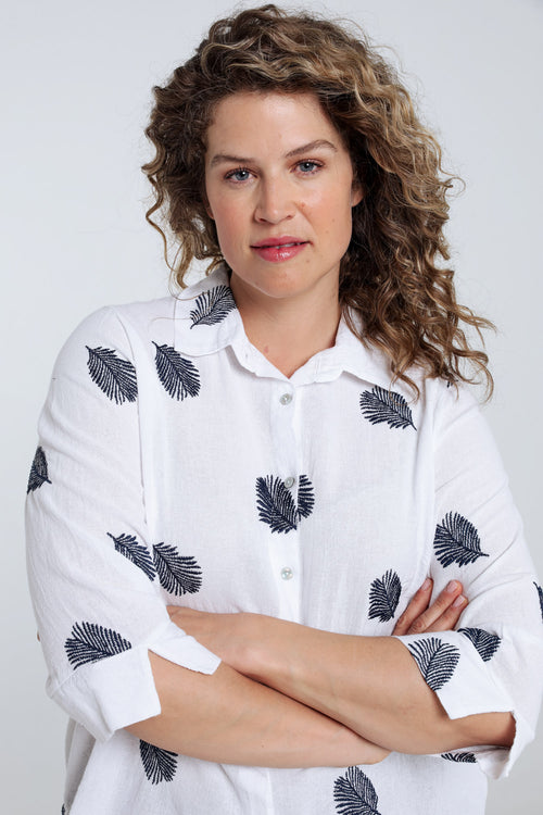 Chemise en coton unie avec feuilles brodées-Paprika-3