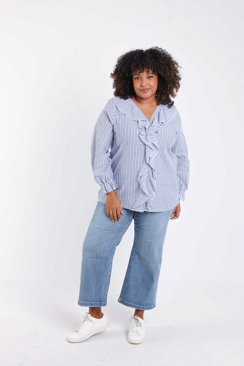 Blouse en coton rayée avec volants-Paprika-8