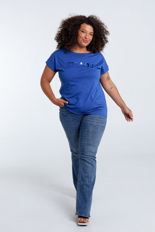 T-shirt uni avec broderie Enjoy et sequins-Paprika-7