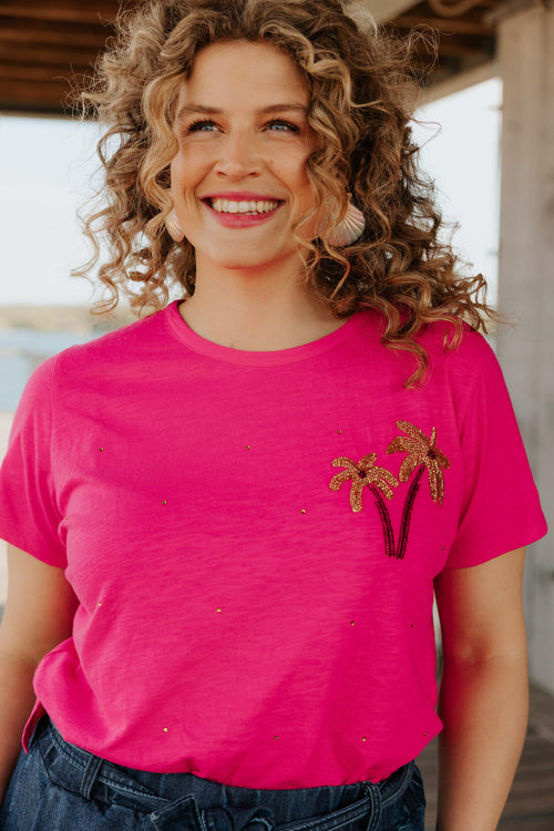 T-shirt en coton avec palmier en sequins-Paprika-2
