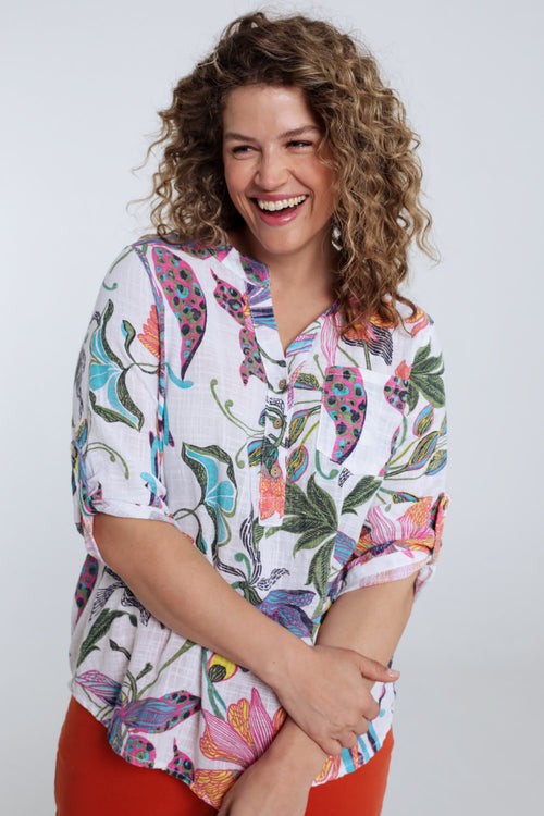 Blouse en gaze de coton imprimé floral-Paprika-3