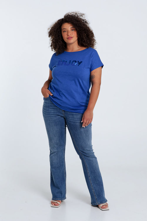 T-shirt uni avec broderie Enjoy et sequins-Paprika-8