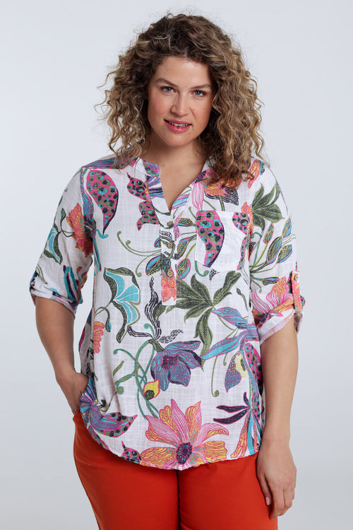 Blouse en gaze de coton imprimé floral-Paprika-1