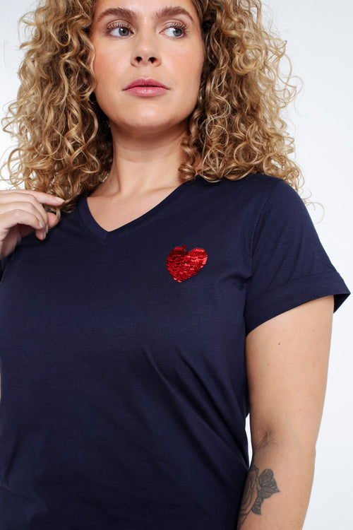 T-shirt en coton uni avec coeur en sequins-Paprika-5