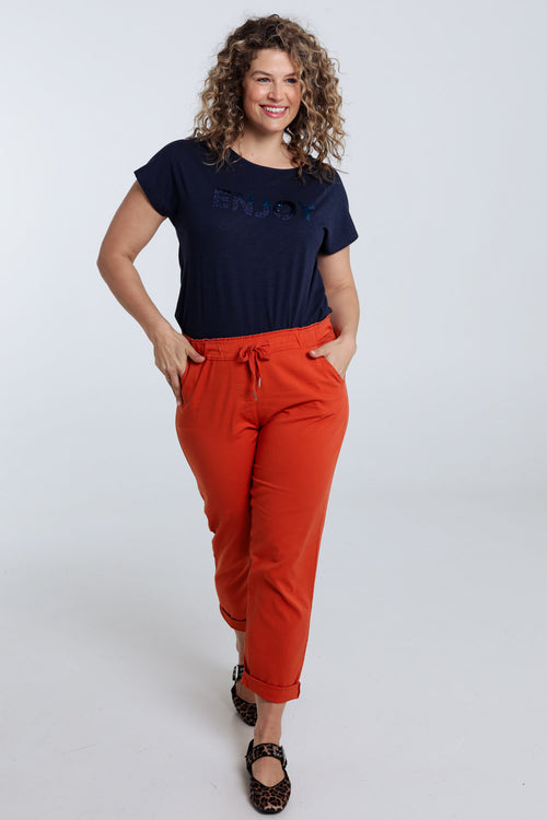 T-shirt uni avec broderie Enjoy et sequins-Paprika-7