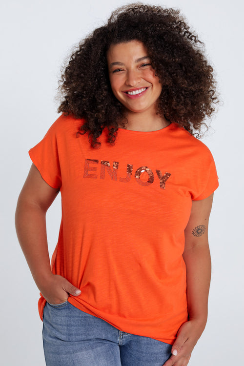 T-shirt uni avec broderie Enjoy et sequins-Paprika-4