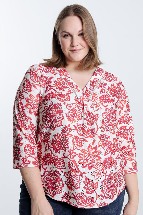 T-shirt brodé imprimé fleurs-Paprika-1