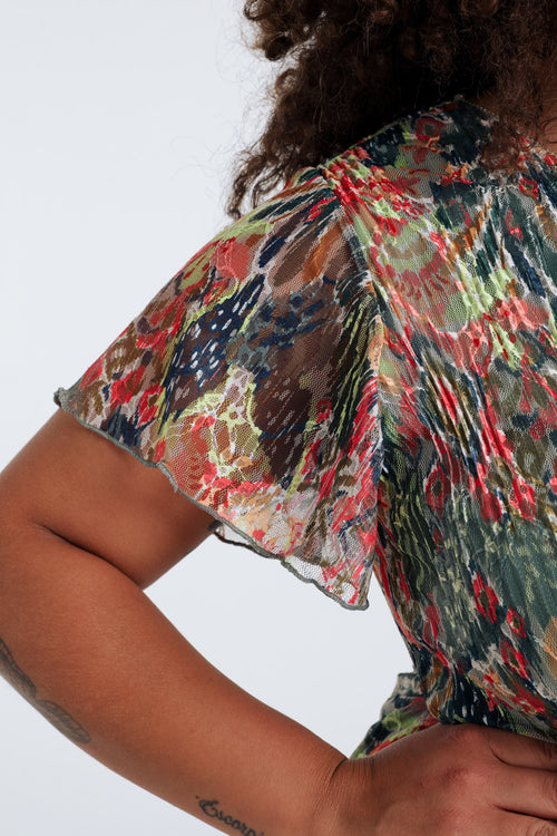 Tunique en dentelle plissée imprimé floral-Paprika-5