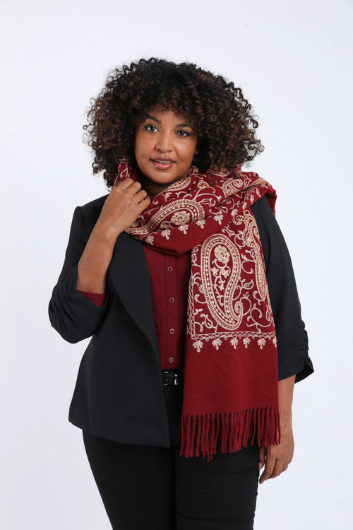 Écharpe brodée en viscose et en laine-Paprika-2