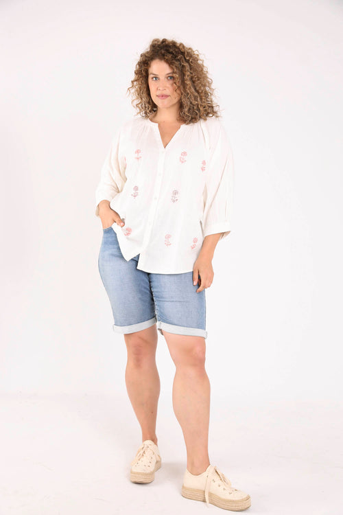 Blouse en coton et viscose unie avec fleurs perlées-Paprika-7