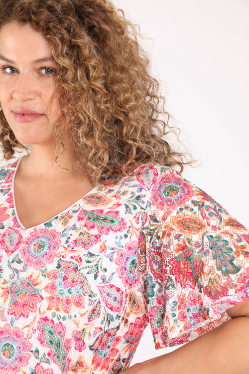 T-shirt en dentelle imprimé fleurs indiennes-Paprika-6
