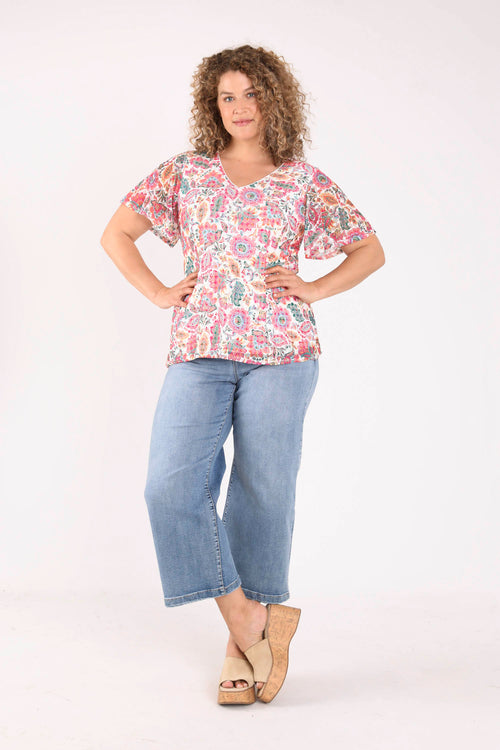 T-shirt en dentelle imprimé fleurs indiennes-Paprika-9