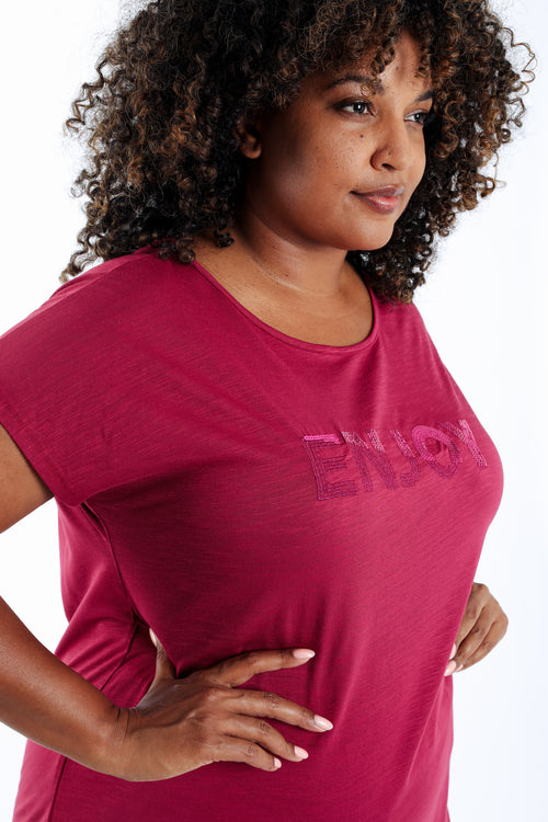 T-shirt en coton uni Enjoy en sequins-Paprika-4