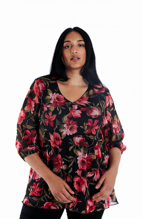 T-shirt en résille imprimé fleurs-Paprika-1