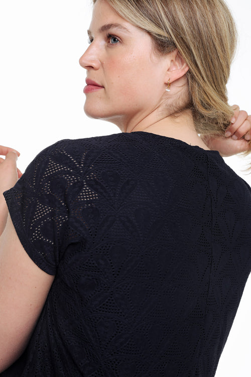 T-shirt en dentelle uni avec dessin floral-Paprika-6