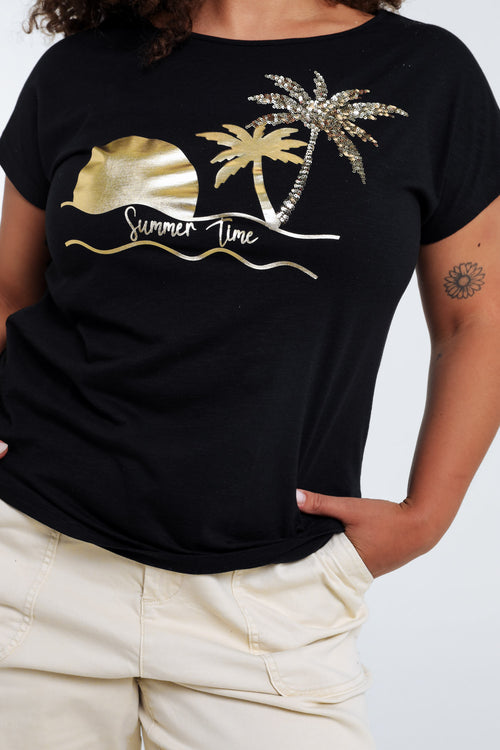 T-shirt en coton imprimé foil palmiers et sequins-Paprika-5