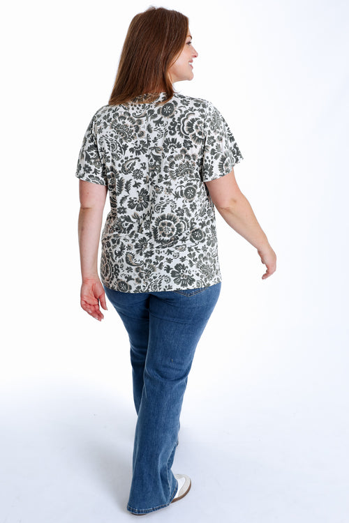 T-shirt en maille froide imprimé floral bicolore-Paprika-2