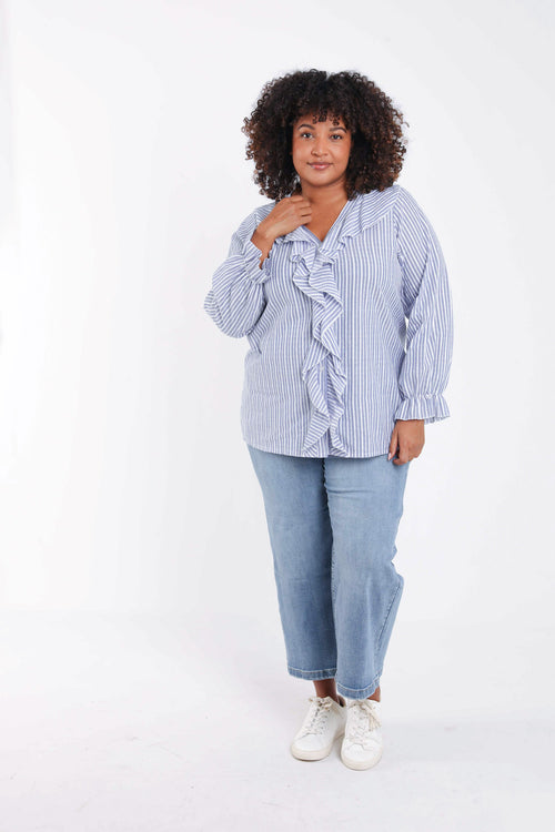 Blouse en coton rayée avec volants-Paprika-7