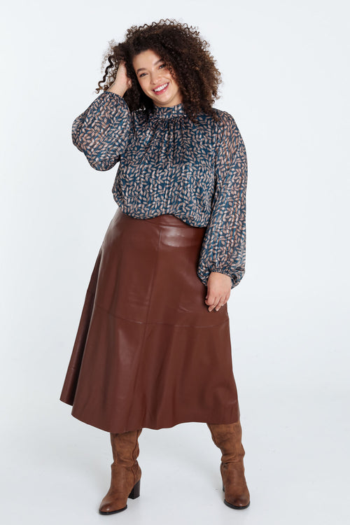 Jupe mi-longue unie en faux cuir-Paprika-8