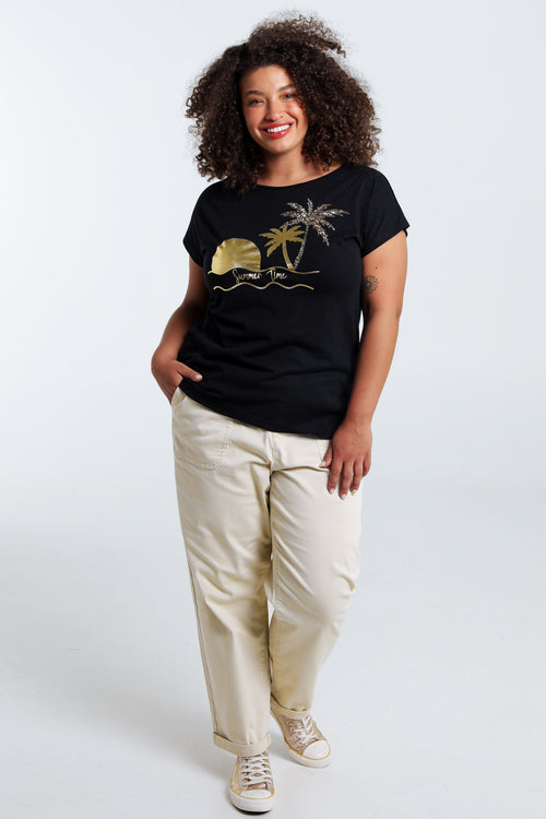 T-shirt en coton imprimé foil palmiers et sequins-Paprika-7