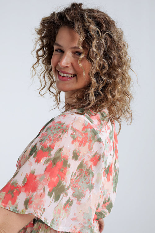 Robe en voile imprimé floral avec lurex-Paprika-5