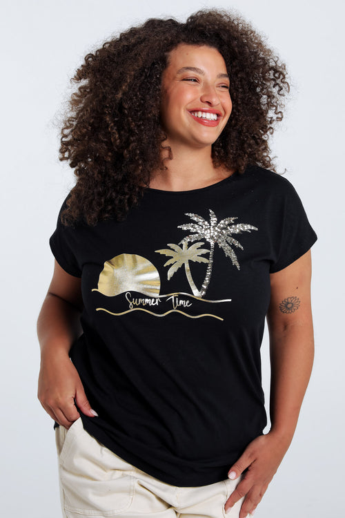 T-shirt en coton imprimé foil palmiers et sequins-Paprika-1