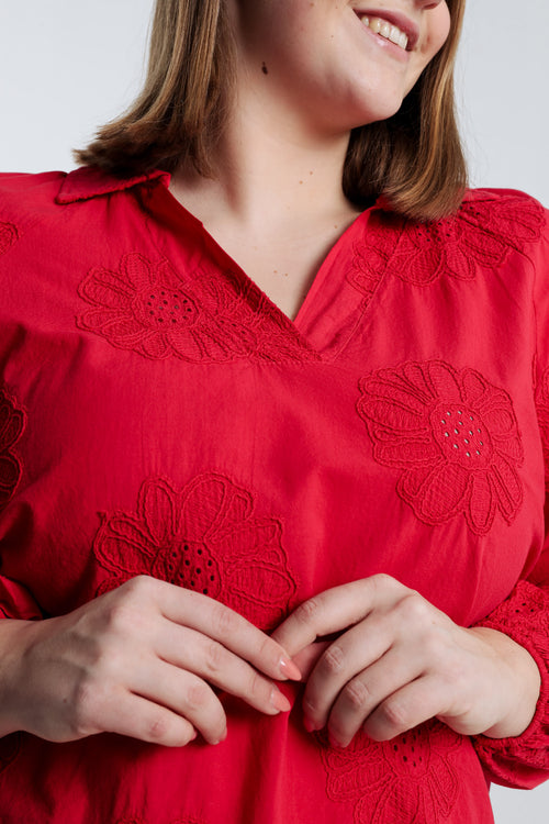 Blouse en coton unie avec fleurs brodées-Paprika-5