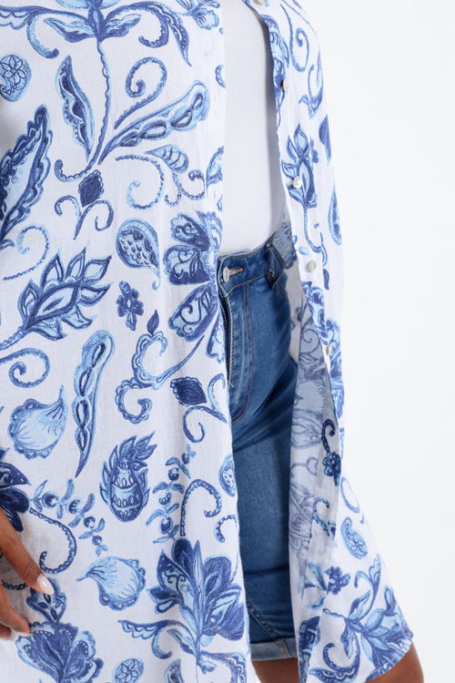 Chemise longue en lin imprimé fleurs indiennes-Paprika-4